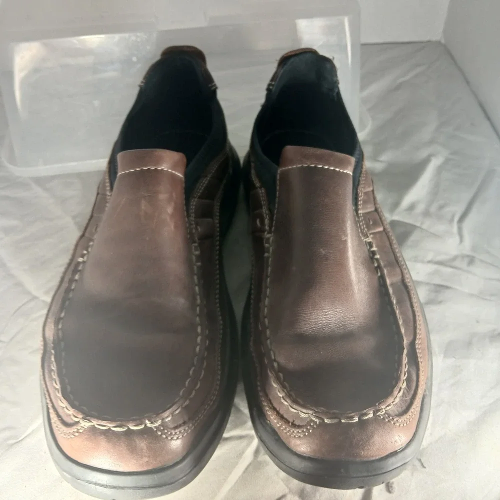 Clarks Mens Brown Leather Slip On Loafers‎ 82214 Moc Toe Comfort Shoes Size 11M